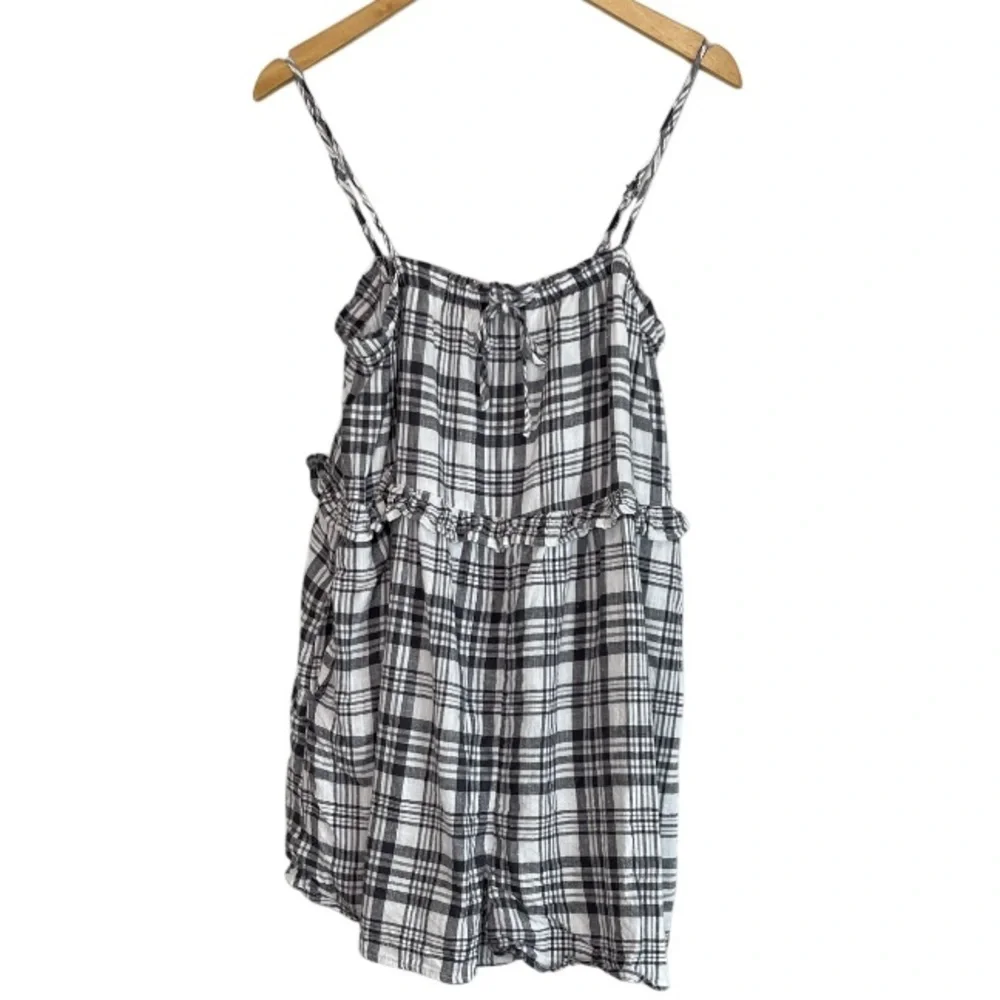 American Eagle Plaid Babydoll Shorts Romper Black White Linen Blend Pockets M - Picture 2 of 13